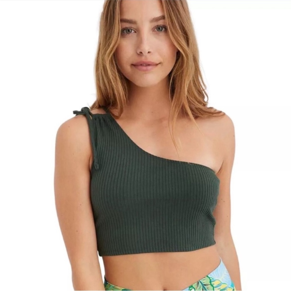 Aerie One-Shoulder Ribbed Crop Top - Dark Green